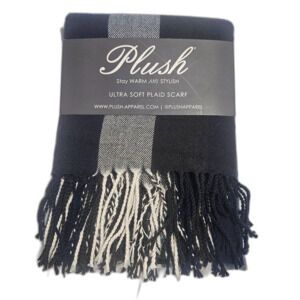 New Plush Apparel Navy Plaid Super Soft Viscose Scarf with Fringe 26X72"